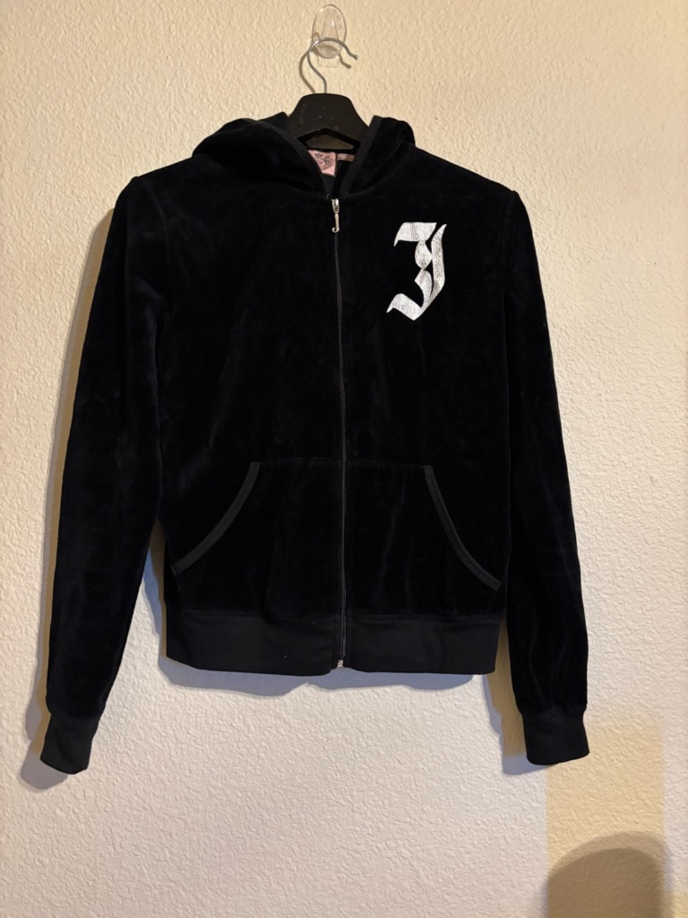Juicy Couture Black Velour Hoodie with Pink Crest Label